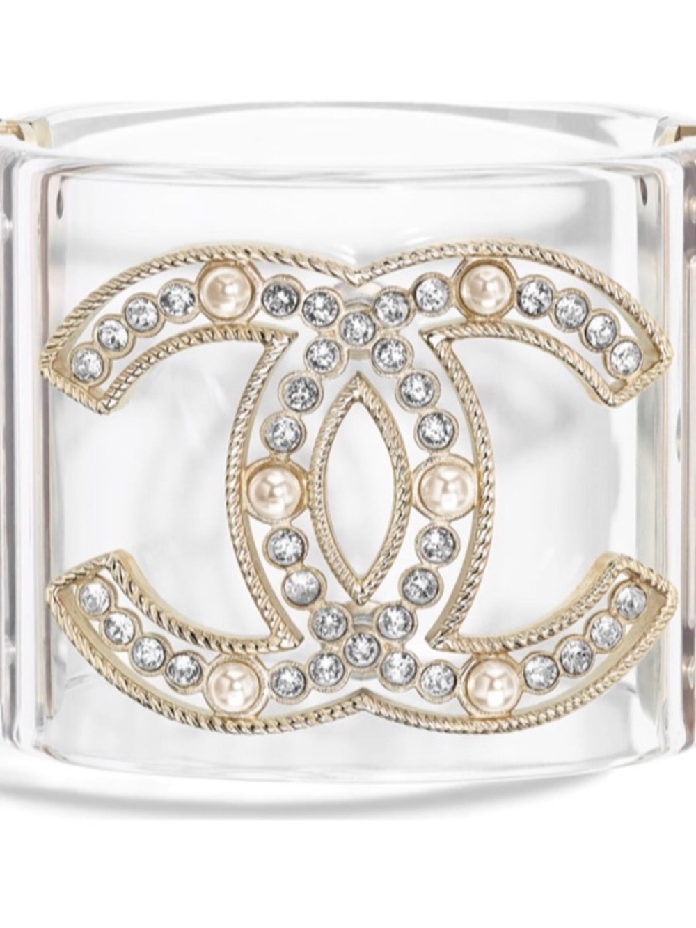 CHANEL Clear Acrylic Cuff Bracelet with Gold-Tone CC Logo and Pearls